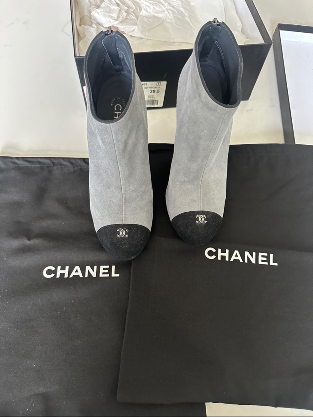 CHANEL Gray Suede Ankle Booties with Black Cap Toe - Picture 8 of 8